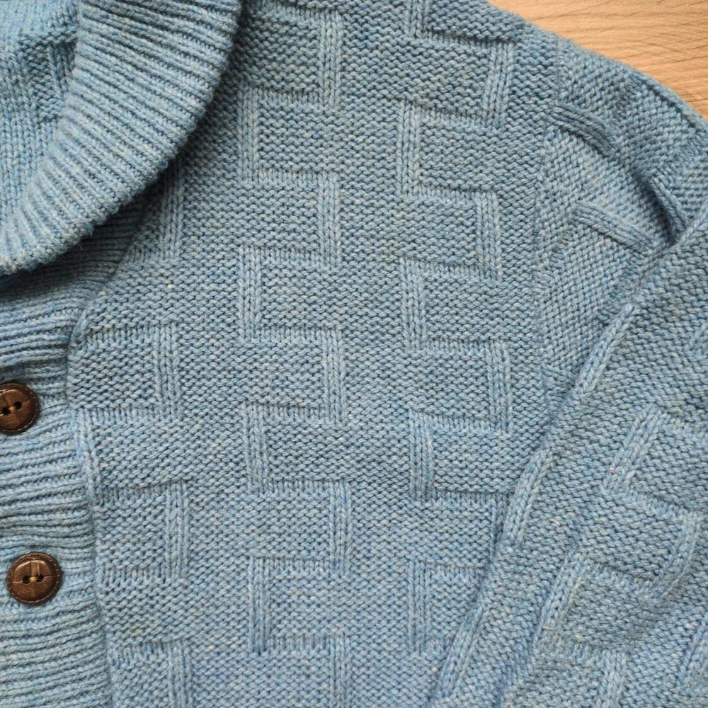 Vtg Shawl Collar Cardigan Blue‎ Basketweave Geometric Knit Button Sweater Size M